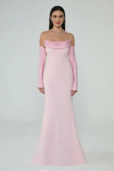 ALFABETA Alpha Beta Strapless Sleeve Detail Fish Cut Crepe Maxi Size Women Evening Dress 2246613