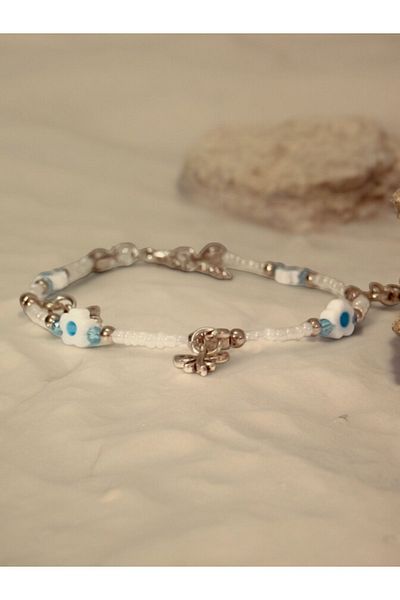 etniko White Anklet with Blue Flower Detail