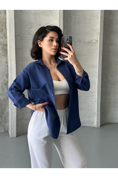 Moda Palmiss Cămașă oversize din țesătură de muselină bleumarin pentru femei
