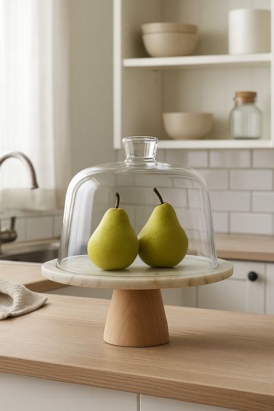 Akayev Marble 25 Cm White Glass Jar with Wooden Conical Legs