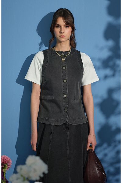Fatma Atasoy Midi Gray Denim Vest