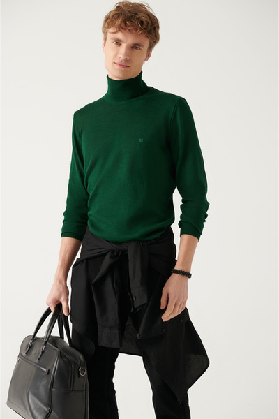 Avva Erkek Yeşil Tam Balıkçı Yaka Yün Karışımlı Triko Kazak E005014