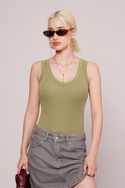 Madmext Light Green Deep V-Neck 100% Cotton Basic Women's Undershirt Mg2405