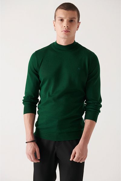 Avva Pulover pentru bărbați, verde, pe jumătate, cu gât țesut, amestecat de lână E 005015