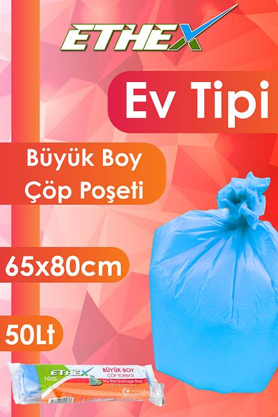 Ethex Standard Large Size Garbage Bag (10 Pieces 65 X 80cm 50Lt Blue 5 Rolls)