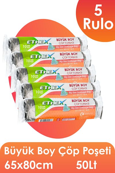 Ethex Standard Large Size Garbage Bag (10 Pieces 65 X 80cm 50Lt Black 5 Rolls)