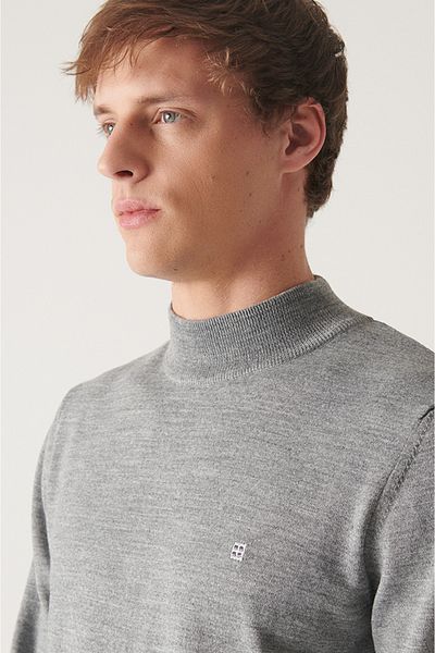 Avva Men's Gray Half Turtleneck Wool Blended Knitwear Sweater E 005015