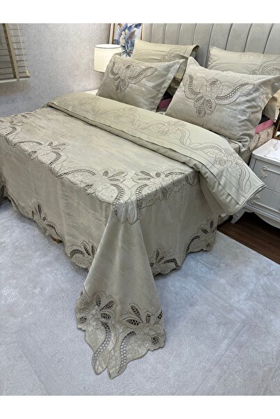 incisecrethome 100% Cotton Satin Embroidered Bedspread Set - Double Size // 10 Pieces / Elegant Dowry Set