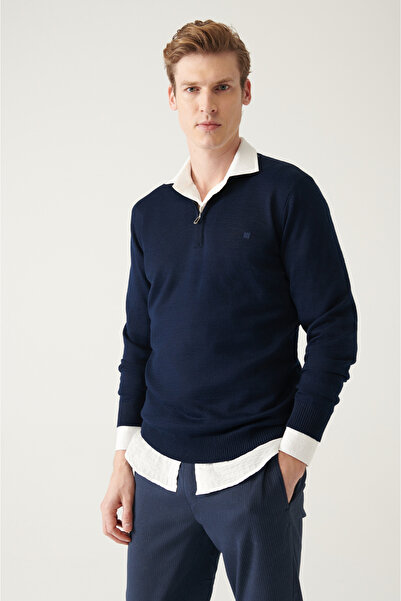 Avva Men's Navy Blue Stand Collar Wool Blended Knitwear Sweater E 005019