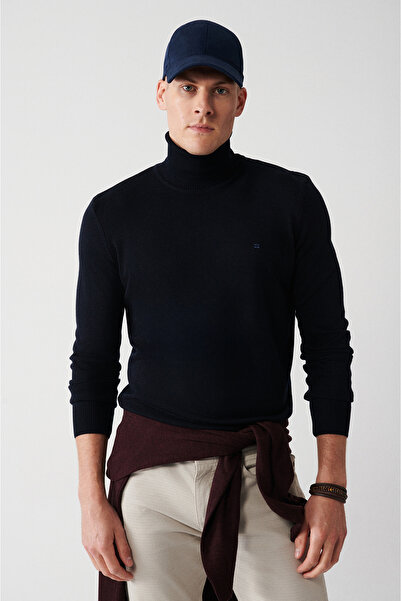 Avva Erkek Lacivert Tam Balıkçı Yaka Tüylenmeyen Triko Kazak E005002