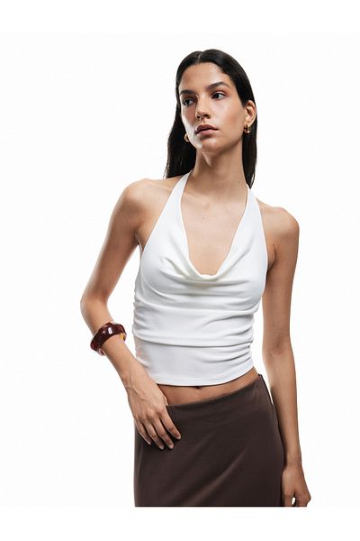 Koton Degaje Collar Sleeveless Slim Fit Draped Scuba Crop Blouse
