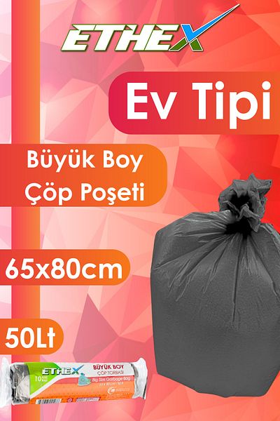Ethex Standard Large Size Garbage Bag (10 Pieces 65 X 80cm 50Lt Black 5 Rolls)