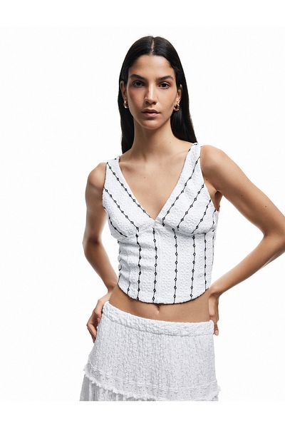 Koton V Neck Embroidered Fisto Sleeveless Blouse with Window Detail on the Back