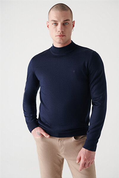 Avva Men's Navy Blue Half Turtleneck Wool Blended Knitwear Sweater E 005015