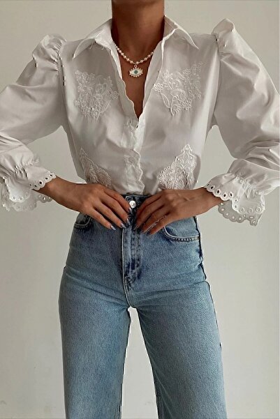 Didem Butik Kadın Beyaz Prenses Kol Nakışlı Gömlek