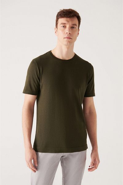 Avva Men's Khaki Crew Neck Cotton Thin Knitwear T-Shirt E 005011