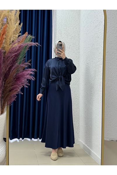 MİHRA STORE Gözde Satin Skirt-Bn8461 Navy Blue
