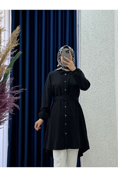 MİHRA STORE Vinenya Long Tunic with Elastic Belt at the End of the Sleeve-Zn4547 Black