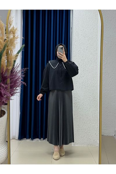 MİHRA STORE Orchid Leather Look Slim Pleated Lacquer Skirt-Chi2988 Anthracite