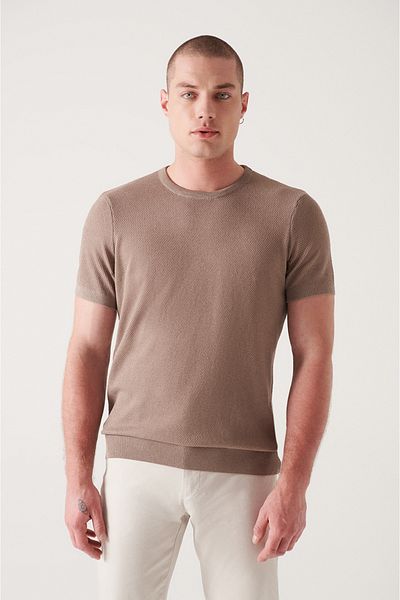 Avva Men's Mink Soft Touch Modal Crew Neck Textured Ribbed Knitwear T-Shirt B 005010
