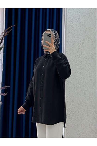 MİHRA STORE Πουκάμισο Evsa Oversize με κουμπιά στην πλάτη-NA689 Μαύρο