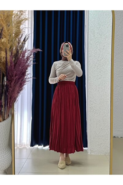 MİHRA STORE Fusta Nalan din țesătură șifonată-BY5001 Roșu Claret