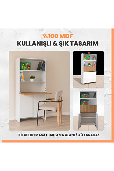 arionkids Kitaplıklı Ve Açılabilir Çalışma Masası Çok Amaçlı Ünite – %100 Mdf | Yerli Üretim