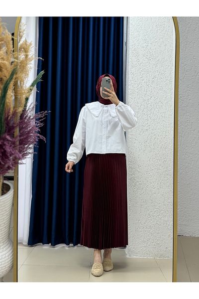 MİHRA STORE Orkide Leather Look Thin Pleated Lacquer Skirt-Ci2988 Claret Red
