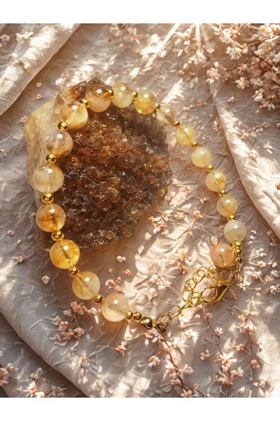 ayrestyle سوار من حجر السترين الطبيعي باللون الذهبي مع خرز سيترين قابل للتعديل - سوار نسائي مقاس 8 مم