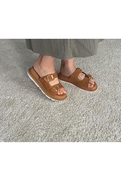 POTEEN Ptc Meloni Women's Genuine Leather Lightweight Anatomical Buckle Detailed Slippers - Tan