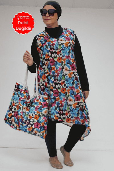 Eslina 1723 بدلة سباحة باريلو شيفون بأكمام طويلة مقاس كبير - نمط مختلط أزرق