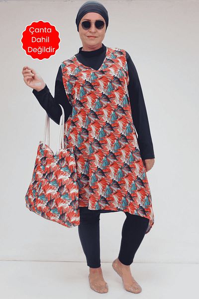 Eslina 1723 Plus Size Long Sleeve Chiffon Pareo Hijab Swimsuit Set - Leaf Pattern Orange