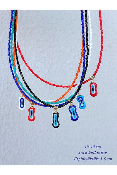 Quella Takı Lake Coating Flat Evil Eye Sand Beads Gold Necklaces