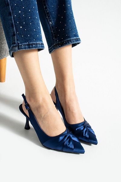 Pazzyonez Rochie de seară pentru femei, albastru bleumarin, albastru Saks, satin, cu nod în față, cu detaliu, pantofi clasici cu toc Sitiletto