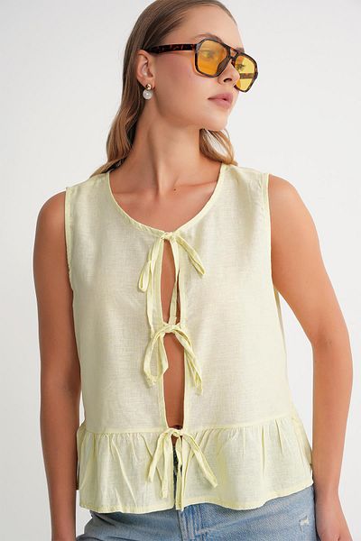 Mixray 4717 Women's Front Lace Ruffle Sleeveless Linen Blouse Yellow