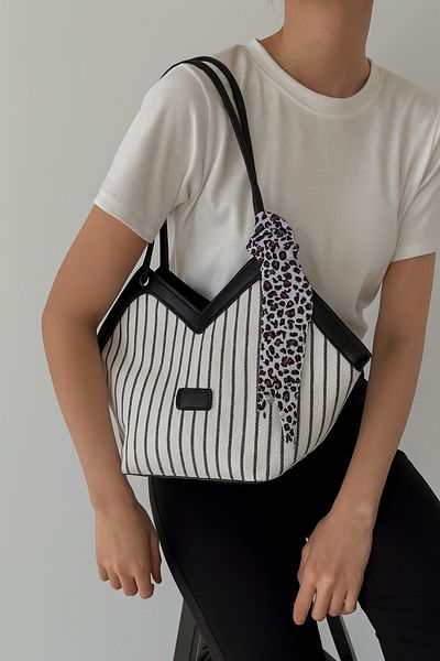 LEONAS Scarf Detailed Canvas Women's Shoulder Bag Black Striped