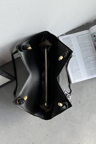 LEONAS Scarf Detailed Canvas Women's Shoulder Bag Black Striped