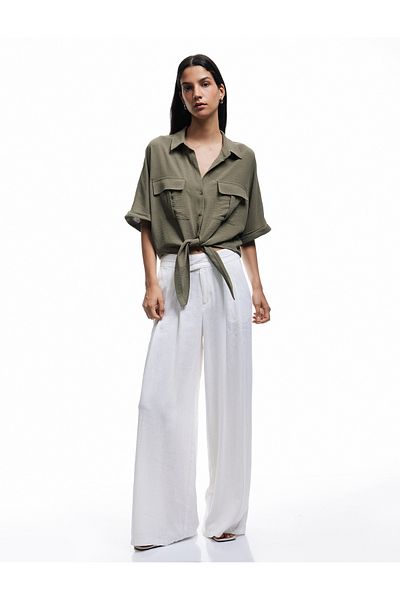 Koton Short Sleeve Classic Collar Tie Detail Pocket Crop Oversize Blouse