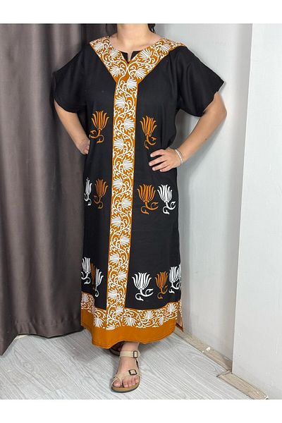 Sobe Hediyelik Patterned Loose Summer Dress – Black Orange, Loose Fit, Comfortable and Stylish Daily Wear