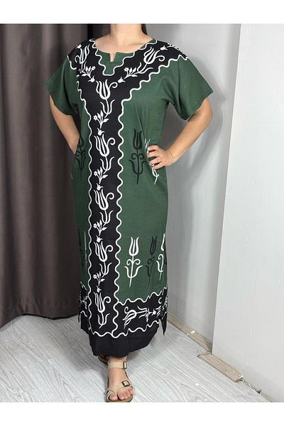 Sobe Hediyelik Green Black Patterned Long Summer Dress – Comfortable Fit, Breathable Fabric, Casual Chic