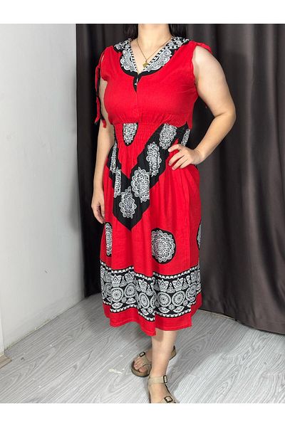 Sobe Hediyelik Ethnic Patterned Viscose Sleeveless Summer Dress – Elastic Waist, Low Back, Comfortable Fit