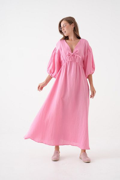 Butik 100% Cotton V-Neck Muslin Fabric Elastic Waist Rope Detailed Short Sleeve Dress Mg-2025