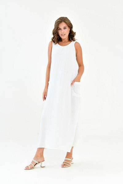 Butik Μακρύ φόρεμα από 100% βαμβακερό μουσελίνα μηδενικό μανίκι -mg002