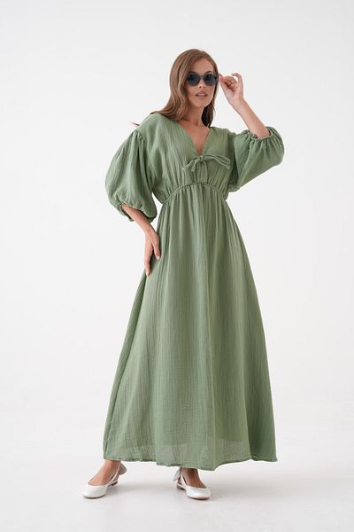 Butik Rochie cu mânecă scurtă, 100% bumbac, cu decolteu în V, din muselină, cu detaliu de frânghie elastică MG-2025