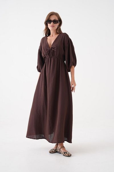 Butik Rochie cu mânecă scurtă, 100% bumbac, cu decolteu în V, din muselină, cu detaliu de frânghie elastică MG-2025