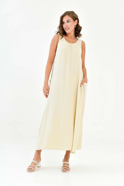 Butik Μακρύ φόρεμα από 100% βαμβακερό μουσελίνα μηδενικό μανίκι -mg002