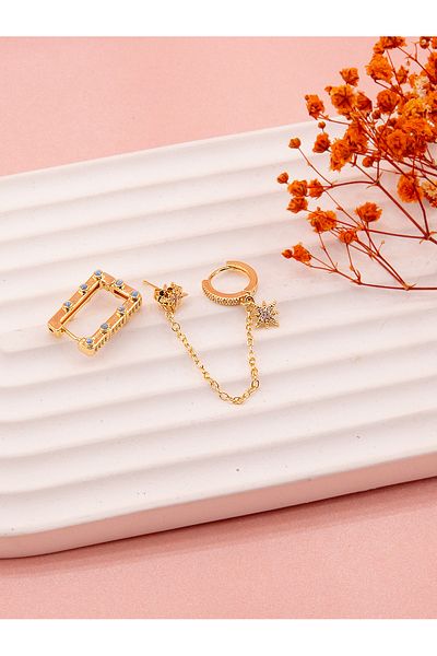 luree accessories Star Motif Stone Chain Set of 3 Steel Earrings 2 Pieces