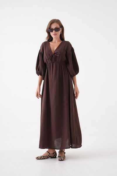 Butik Rochie cu mânecă scurtă, 100% bumbac, cu decolteu în V, din muselină, cu detaliu de frânghie elastică MG-2025