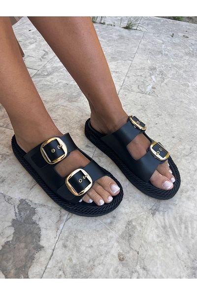 İnan Ayakkabı Women's Daily Slippers Double Strap Slippers Black