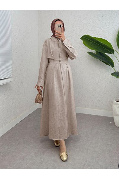 Modamorfo Φόρεμα με μισό κουμπί και ελαστική μέση - Μπεζ